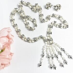 Vintage 70's Silver Cream Beaded Tassel Necklace & Earring Set